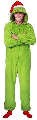 Chaks - Grinch Overall Erwachsene, Weihnachtsoutfit für Alltag | Offizieller Der Grinch Jumpsuit, Grüner Overall mit Kapuze und Weihnachtsmütze, Weihnachtsmarkt