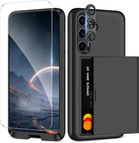 Coolden for Samsung S25 Case with Card Holder & 1 Screen Protector + 1 Camera Lens Protector Full Body Heavy Duty Protective Phone Case Shockproof Wallet Case Cover for Samsung Galaxy S25 Case-Black