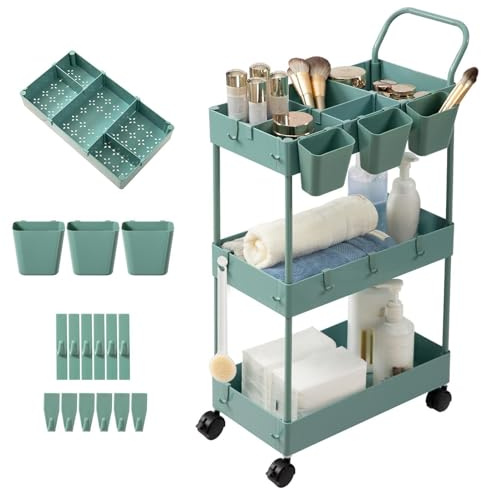 danpinera Storage Cart on Wheels, 3 Tier Bathroom Cart Organizer Slim Laundry Narrow Shelf with Wheels Dividers Hanging Cups Hooks Handle Easy Assembly, Green