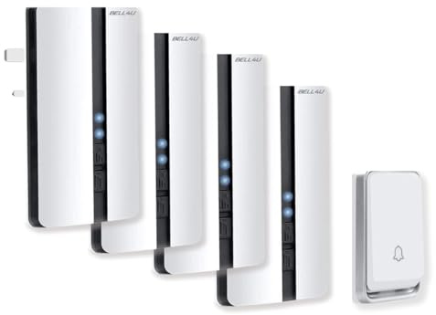 Bell4U Wireless Doorbell Kit, 4 Plug-in Receivers + 1 Push Button, No Batteries Needed, 700 feet Long Range, 51 Chimes, 4 Volume Levels, IP65 Waterproof, Easy Plug & Play – White