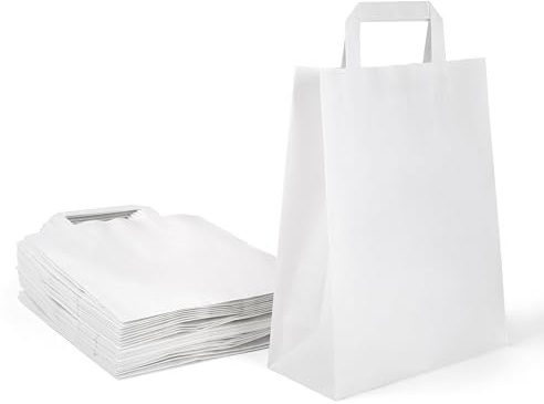 Inoverse Papiertüten mit Henkel 22+10x28 cm, Kuchentaschen, Papiertaschen | 50 Stück Weiß Papiertragetaschen, Kraftpapier, zum Dekorieren und Bemalen, für Mitbringsel, DIY, kleine Einkäufe Einzelhandel