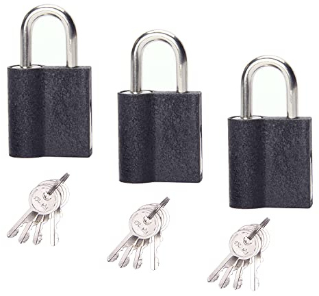 Lucchetto, lucchetto Lucchetto in ferro da 24 mm di larghezza con 4 chiavi, finitura opaca, meccanismo a perno con grillo indurito, nero, 3 pezzi.