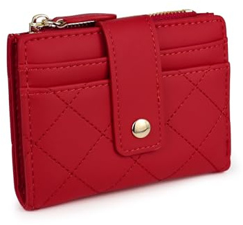 AdiStylinno Cartera Mujer, Rhombus Compacto PU Cuero Monedero Mujer Pequeña Monedero Tarjetero, Mujer Billetera Múltiples Ranuras y Compartimentos con Cremallera y Ventana para Identificación, Rojo