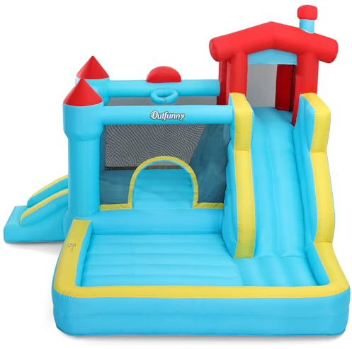 Outfunny Castello gonfiabile gonfiabile, grande castello gonfiabile per bambini grandi con scivolo, ventilatore da 450 W, all'aperto e interno - blu