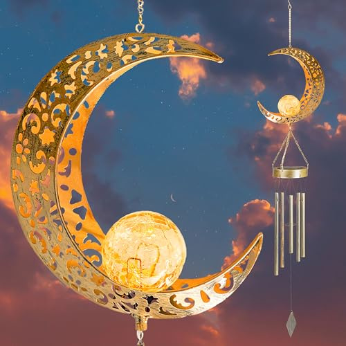 Yonxuleo Moon Solar Wind Chimes for Outside Lights Gifts for Mom Wife Unique Crackle Glass LED Warm Light Outdoor Hanging Decor Windchimes for Garden Yard Patio Christmas Birthday Mothers Day