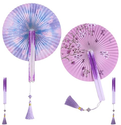 LEIMEND 2 Pieces Decorative Folding Fans Purple Folding Paper Fan Round Paper Handheld Fans Folding Fans with Magnets and Tassels Home Wall Tabletop Decor Dance Props