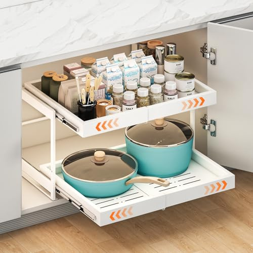 Xtsuen Ausziehbarer Schrank-Organizer mit 2 Ebenen, erweiterbare Schublade für Küchenschränke, 43,2 cm tiefe, robuste Ausziehregale für Töpfe, Pfannen, Küchen- und Vorratsaufbewahrung