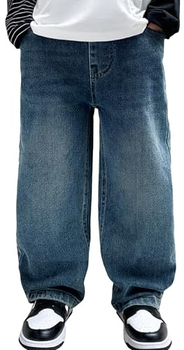 Happy Cherry Garçons Jeans Jambe Large Mode Baggy Jean Élastique Taille Pantalon Large en Denim avec Poches pour Enfants 5-14 Ans