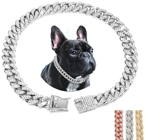 Silberfarbene Hundehalskette für große Hunde, glitzernde Strasssteine, glitzernde Diamanten, Metall, kubanische Glieder-Hundekette für kleine, mittelgroße und große Hunde