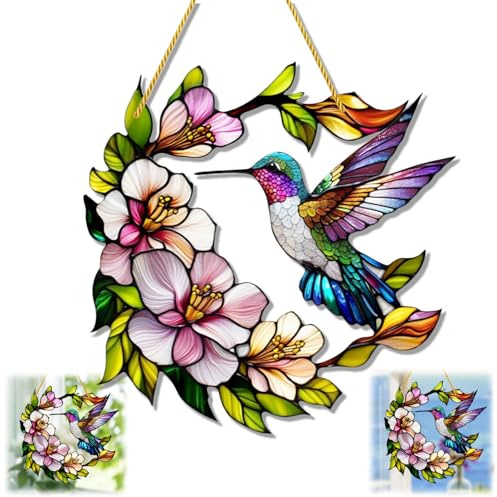 Sun Catcher Acrylic,Window Sun Catcher,Suncatchers Flowers and Bird,Stained Glass Effect Acrylic Window Hanging,Garden Suncatcher Bird Ornament,Stained Glass Window Hangings,Crystal Suncatcher,A