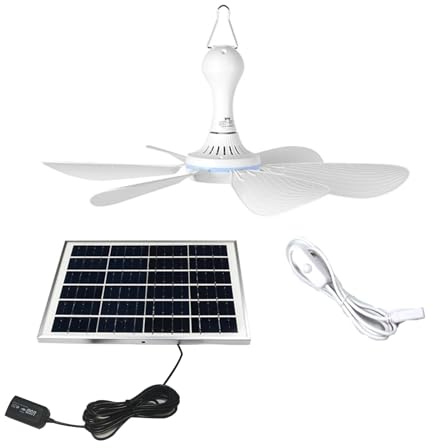 DHNDSDP Panneau Solaire 5/6/10W 6V avec Câble de 3 Meter Ventilateur D'extérieur Compact pour Plafond avec Câble de 1,7 Meter 6 Pales Enfichables Faible Bruit avec Crochet