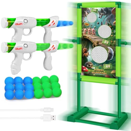 QCTOYS Moving Shooting Games Toys for Boys Age 3-12 Years with Storage Hook | 3 Modes Rechargeable Shooting Target with 2 Popper Guns 18 Foam Balls Birthday Halloween Xmas Kids Gifts Outdoor & Garden Toy