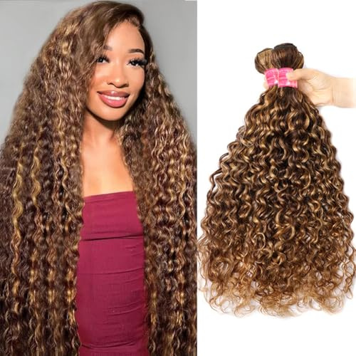 Borchan 4/27 Human Hair Bundles Highlight Honey Blonde Water Wave Bundles 100% Unprocessed Brazilian Virgin Remy Hair Double Weft Ombre Brown Highlight Color 24 26 28 Inches for Black Women