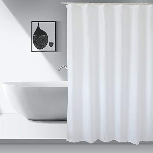 KnnRiim Rideau de Douche 90 x 180 cm, Tissu Polyester Imperméable et Anti-Moisissure, Rideau de Baignoire, Lavable en Machine, avec Ourlet Lesté et Crochets, Blanc