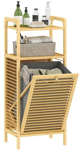 HOMCOM Mobile Bagno a Doghe con Cesto Portabiancheria Estraibile da 37L e Armadietto Contenitore, Mobiletto Bagno in Bambù e Poliestere, 40x30x95 cm, Grigio e Color Legno