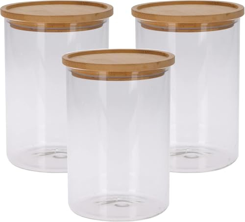 Muddy Hands Set of 3 Large Glass Storage Jars with Bamboo Lids (1700ml) – Stackable Airtight Kitchen Canisters – 12cm Diameter x 17cm Height – Food Containers for Pasta, Coffee, Cookies, Tea & More