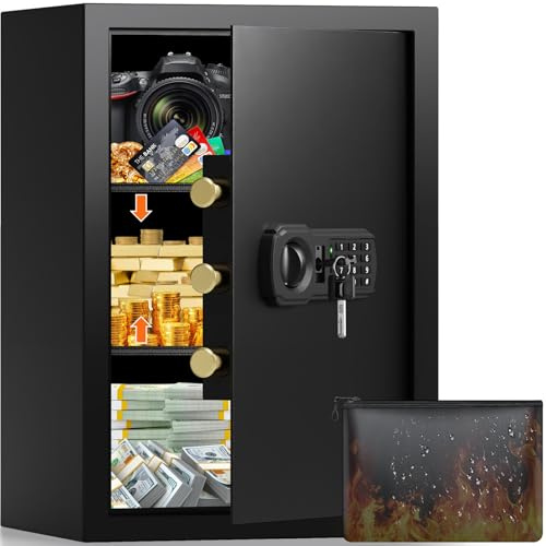 Caja fuerte de 65 litros, resistente al fuego, con bolsillo para documentos ignífugo, caja fuerte digital para muebles con 2 llaves y estante extraíble, caja fuerte electrónica para carpetas DIN A4 y