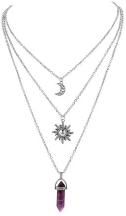 YingMengZhiGe Hexen Kette Damen, Goth Schmuck Layered Mond Kette, Boho Kristall Anhänger Halskette, Sonne und Mond Schmuck, Y2K Accessoires, Amethyst Gothic Frauen