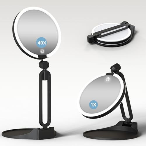 Specchio ingranditore con luce 40X/1X, specchio da viaggio a doppia faccia con luci e ingrandimento, illuminazione dimmerabile in 3 colori, ricaricabile di grandi dimensioni di 15 cm, design