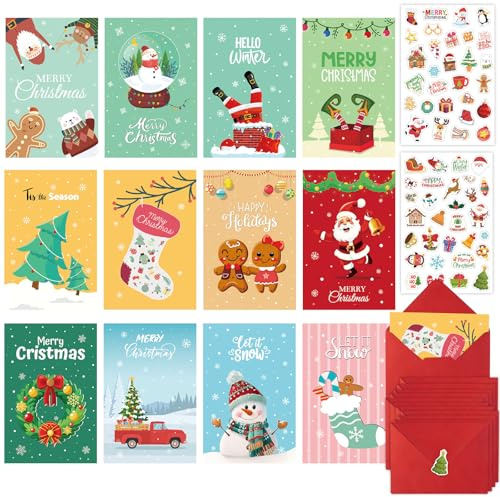 UroClysmic Lot de 12 Cartes de Noël, Cartes de Vœux de Noël Pliées avec Enveloppes et Autocollant, 12 Motifs Différents, Carte Joyeux Noel Cartes pour Famille Amis Collègues
