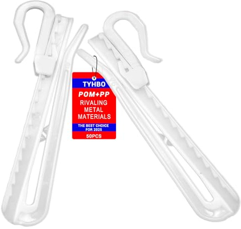 TYHBO 50 Pcs Plastic Shower Curtain Hooks, Adjustable Drapery Pins, Pinch Pleat Curtain Hooks for Window Curtain, Shower Curtain and Door Curtain(85mm/3.35inch)