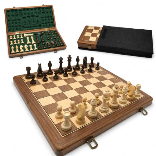 Magnetisches Schachspiel aus Schwarznuss-Holz, 15 Zoll klappbares Schachbrett (38 cm) – Reise-Schachset mit doppelseitigen grünen Aufbewahrungseinlagen, Staubschutzbeutel & 2 Ersatz-Damen