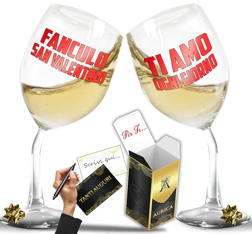 Aurìca Coppia Calici Vino Personalizzati FAN*LO SAN VALENTINO – TI AMO OGNI GIORNO – 2 Bicchieri Piegati Per Brindisi Fuori Dal Comune Ma Pieni D’Amore Con Confezione Regalo Inclusa