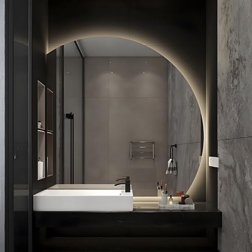 Specchio da bagno a mezzaluna a LED con luci, retroilluminato intelligente a 3 colori, dimmerabile in modo continuo, per specchio da parete, senza cornice, antiappannamento, impermeabile (taglio infe