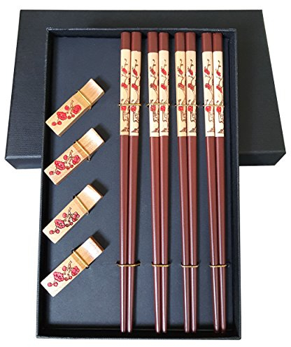 Mainiusi Bacchette di Legno con Set di Riposo Bacchette Cinesi riutilizzabili 9 Pollici Lavabili Antiscivolo 4 Paia con Confezione Regalo