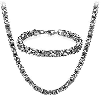 JewelryWe Schmuck Edelstahl Ketten Set von Halsketten und Armketten für Herren schwarz Silber Armbändern 8mm breit und 21,5 cm für Armband, 22/24/26 Zoll für Halskette