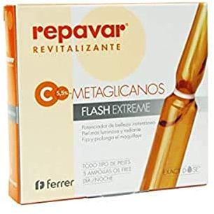 Repavar Revitalizante - Sérum Metaglicanos Flash Extreme - Efecto Tensor Inmediato - Elaborado con Vitamina C - Piel más Luminosa y Radiante - Fija el Maquillaje - 5 Ampollas de 1 ml