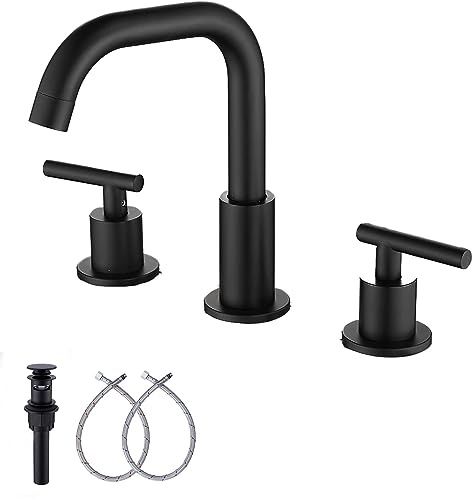 GGStudy 360° schwenkbarer Auslauf, zwei Griffe, 3 Löcher, 20,3–40,6 cm, breiter Wasserhahn, mattschwarz, passend zu Pop-Up-Ablauf