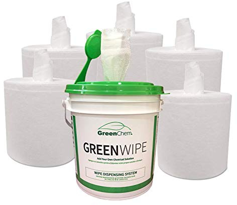GreenChem industrielle trockentücher mit no-splash eimer | fügen sie ihre eigene reinigungslösung (6 x 12 x 180 blatt, 6 rolls- 1.080 tücher pro box, 1 eimer)