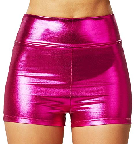 dressforfun 901007 Damen Metallic Hotpants, glänzende Shorts mit hoher Taille, eng anliegende Kurze Hose für Tanz Sport Disco Kostüm Fasching Karneval - Diverse Größen -