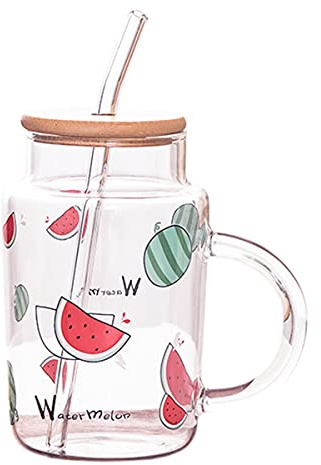 Sizikato Klarglasbecher mit Deckel und Strohhalm, 425 ml, Trinkglas, Saftbecher, süßes Wassermelonen-Muster