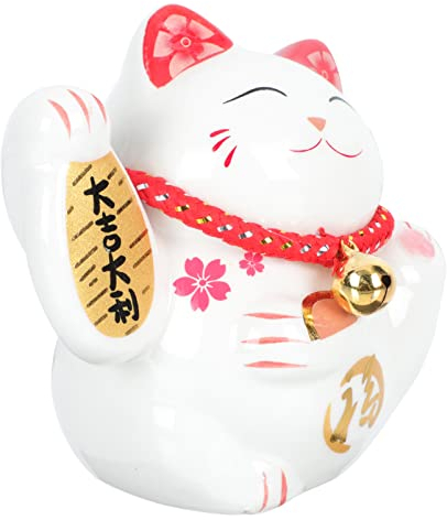 Amosfun Winkekatze Glückskatze Keramik Katze Figur: Porzellan Maneki Neko Japanischer Glücksbringer Dekofigur Reichtum Erfolg Tischfigur für Schreibtisch für Wohnzimmer Tischdeko