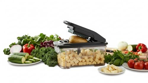 Red Fern Food Chopper with 420 Stainless Steel Blades, Vegetable Dicer with Clear Catch Tray, Non-slip Base, Black, Manual, Includes Cleaning Accessories (2, SilverBlack)