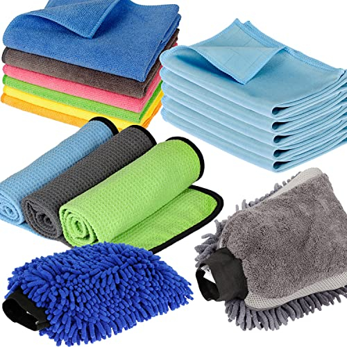 16 Teile Set - Mikrofaser Auto-Waschhandschuh - schonende Auto- & Motorrad Pflege - Poliertuch Glastuch für Lack, Glas, Spiegel, Amatur und Felgen - reinigungzubehör