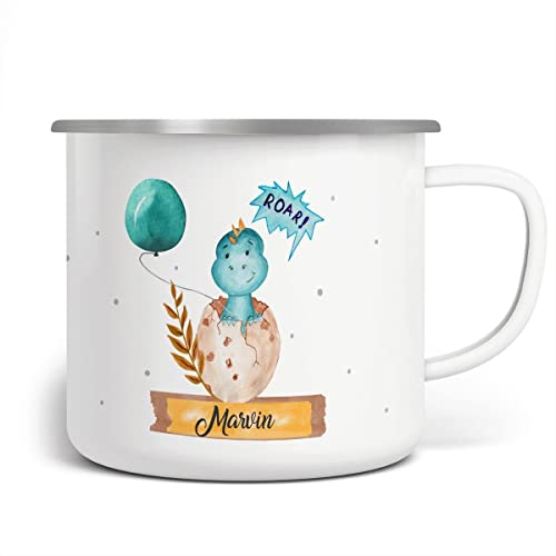 miKalino Emaille Tasse Dino Baby personalisierte Kindertasse mit Wunschnamen bedruckt Emaille Becher Emailletasse | handbedrucktes Geschenk, Farbe:weisssilber, Grösse:300ml