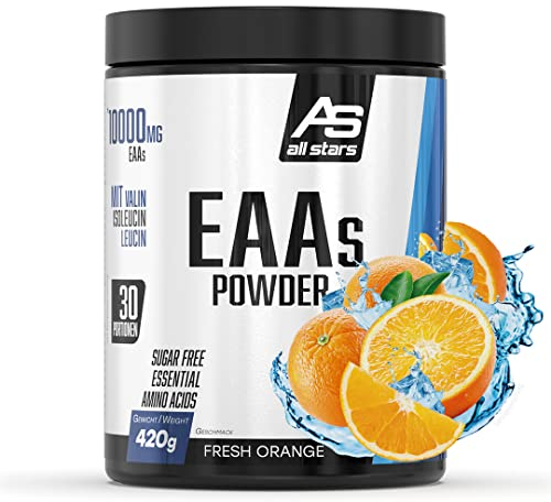 All Stars EAA Powder Fresh Orange I Aminosäuren hochdosiert I 420g Pulver mit 10.000mg EAAs pro Portion I BCAA Supplement mit L-Leucin + L-Valin + L-Isoleucin I Shake zuckerfrei