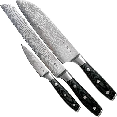 Eden Classic Damast 3-teiliges Messerset EQ2030-S07 Messerset inklusive Santoku, Officemesser und Brotmesser, Damaststahl
