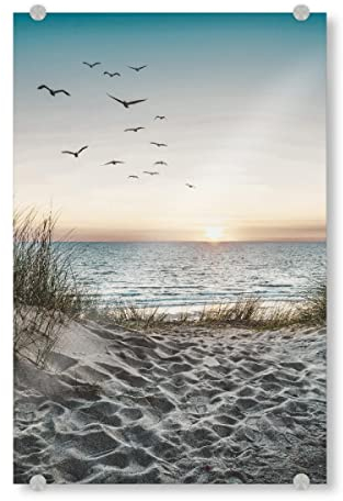 artboxONE Acrylglasbild 45x30 cm Natur Strand und Vögel Bild hinter Acrylglas - Bild Strand Himmel Meer