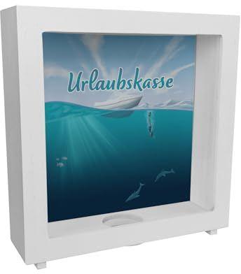 Rahmen Spardose aus Holz im Taucher-Design mit Boot und Text - Urlaubskasse Geschenk für Urlauber die gerne mit einem Boot auf das Meer hinaus Fahren um dort nach Fischen oder