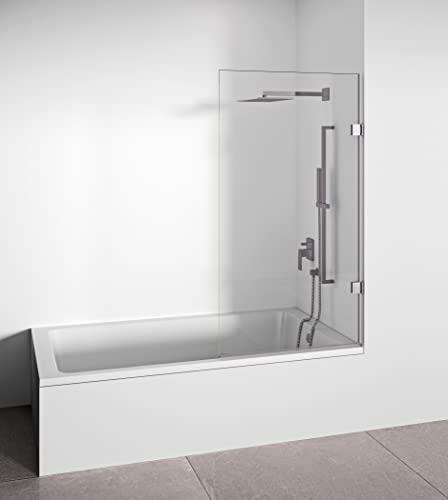 Mampara de bañera frontal de hoja abatible - Transparente - Cristal templado 6 mm Antical - Perfilería Cromo - Ancho 90 cm - Alto 145 cm