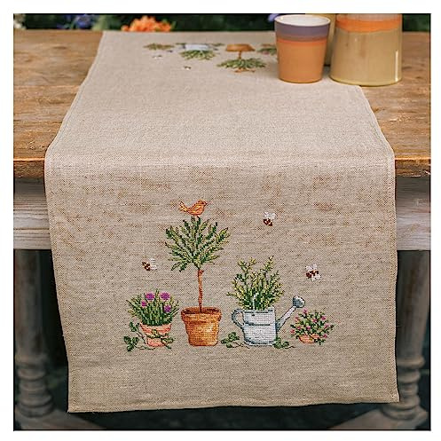 Vervaco Stickpackung Kreuzstich Set Vorgedruckt Tischläufer Gartengeräte Stickdecken Vorgezeichnet DIY Basteln Erwachsene Kreativ Stickläufer zum Selbersticken 40 x 100 cm Stickset