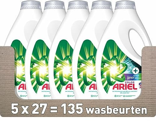 Ariel Flüssigwaschmittel + Touch Van Lenor Unstoppables – 5 x 27 Waschgänge – Vorteilspack