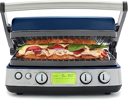 GreenPan Elite 7-in-1 Multi-Function Contact Grill & Griddle, Healthy Ceramic Nonstick Aluminum, Grill & Waffle Plates, Adjustable Shade & Shear, Closed Press/Open Flat Surface, PFAS-Free, Oxford Blue