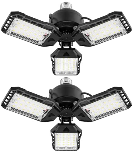 Aoretic LED Garage Lights Bulb 2 Pack -80W, 8000LM 6500K Led Shop Light with 3 Deformable Panels, Basement Barn Light Garage Ceiling Lights, E26/E27 for Garage, Warehouse, Shop, Basement
