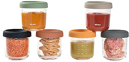 BEABA, Coffret 6 Portions Verre Conservation Repas Bébé/Verre Extra Résistant, 100% Hermétique, Résiste Choc thermique, Congélation, Stérilisation, Graduation, 250 ml, Sunrise