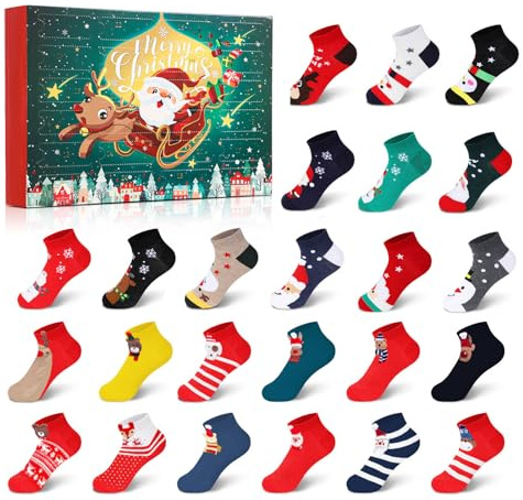MJARTORIA 24 Paare Weihnachtssocken Adventskalender 2025 Frauen, Damen Lustige Socken Baumwolle, Santa Elch Weihnachtskalender mit 24 Überraschungen Christmas Socks Geschenkset | Adventsbox Socken mit Weihnachtsmann Elch Schneemann Baum Muster für Geschenke Adventskalender